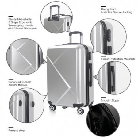 AEDILYS 3 Pcs Hardside Luggage Sets with TSA Locks and Durable Spinner Wheels Suitcase(20/24/28), Silver