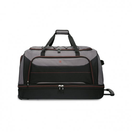 Protege 30 In Rolling Drop-Bottom Duffel Bag for Travel, Black and Grey