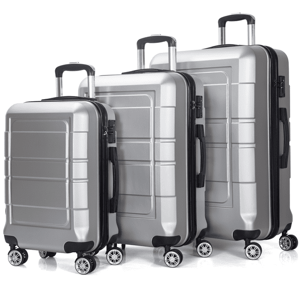 Traveling Luggage, 3pcs Hardside Luggage Set, 20\"+24\"+28\" with TSA Lock, Silver