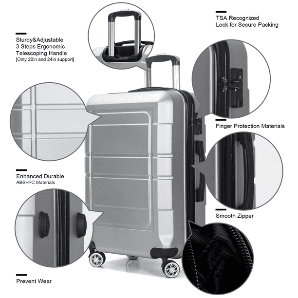 Traveling Luggage, 3pcs Hardside Luggage Set, 20"+24"+28" with TSA Lock, Silver