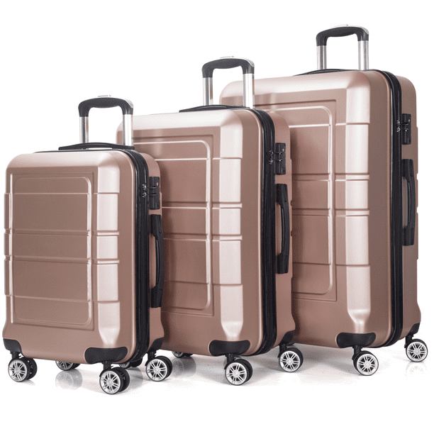 Traveling Luggage, 3pcs Hardside Luggage Set, 20"+24"+28" with TSA Lock, Rose Gold