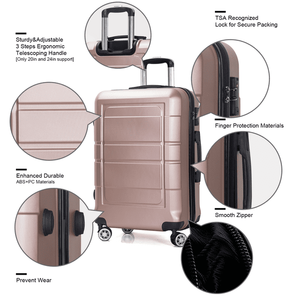 Traveling Luggage, 3pcs Hardside Luggage Set, 20"+24"+28" with TSA Lock, Rose Gold